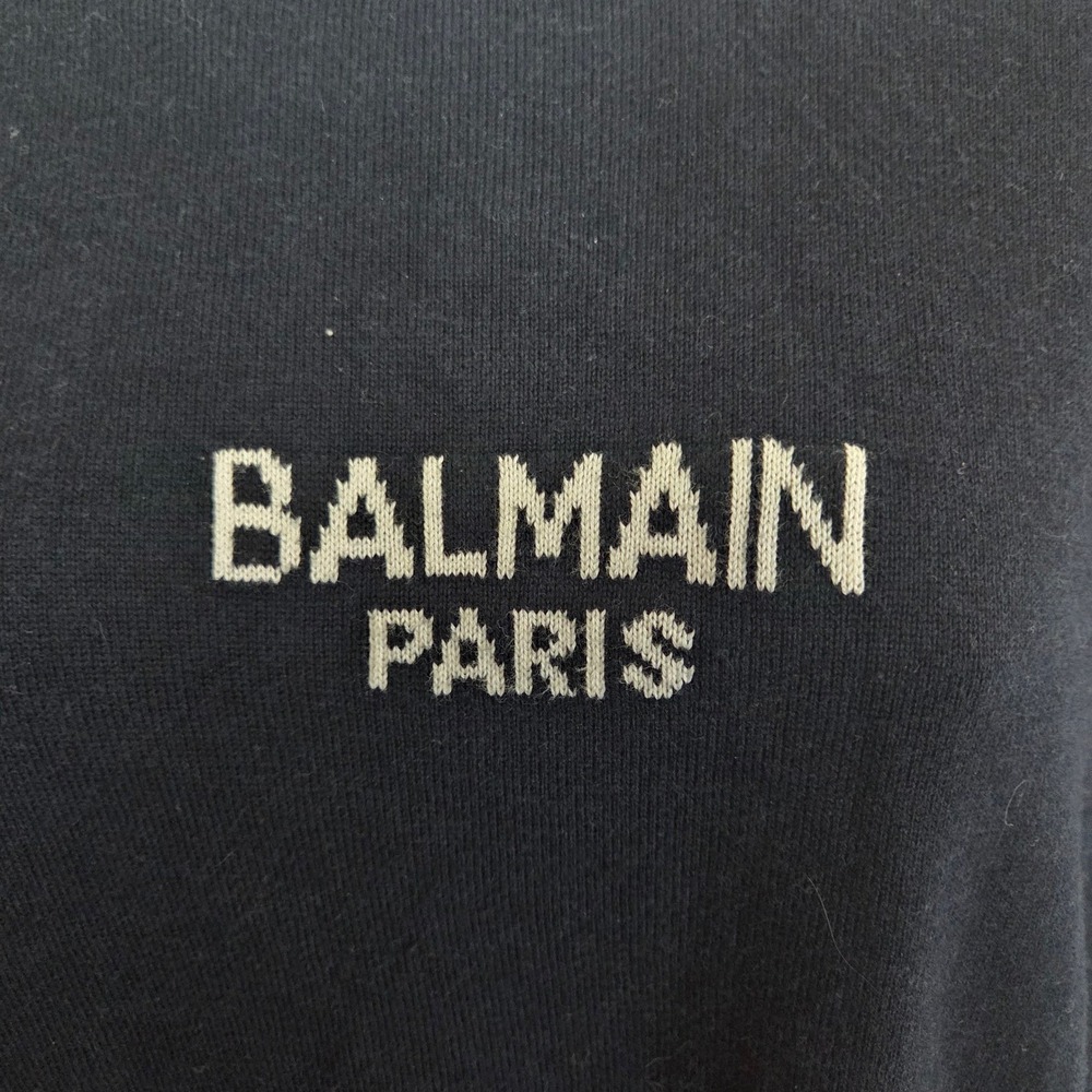 Balmain Paris Logo Knit Sweater Navy Cotton Crewneck L Quiet Luxury $600 MSRP - Picture 2 of 7